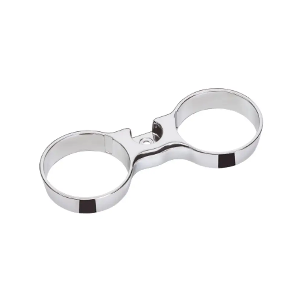 Chromfarbener Halter von Hansgrohe mit zwei runden Öffnungen, geeignet für die Befestigung von Lotionflaschen oder ähnlichen Objekten.